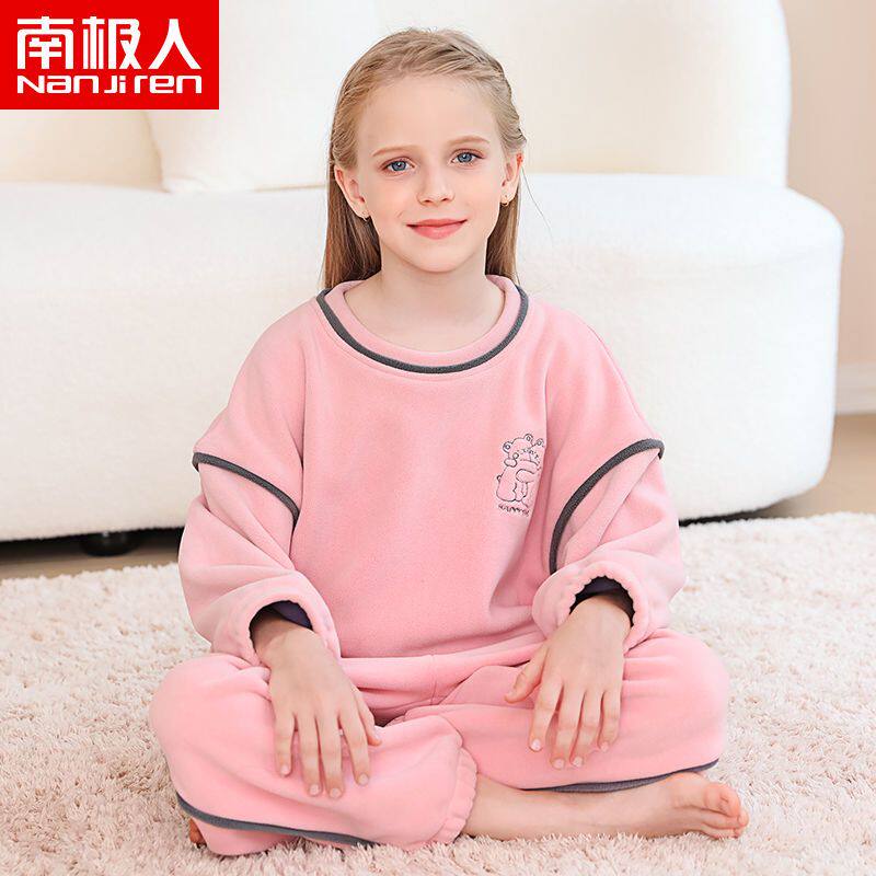 女童睡衣秋冬季加绒中大童家居服套装加厚法莱绒学生套头
