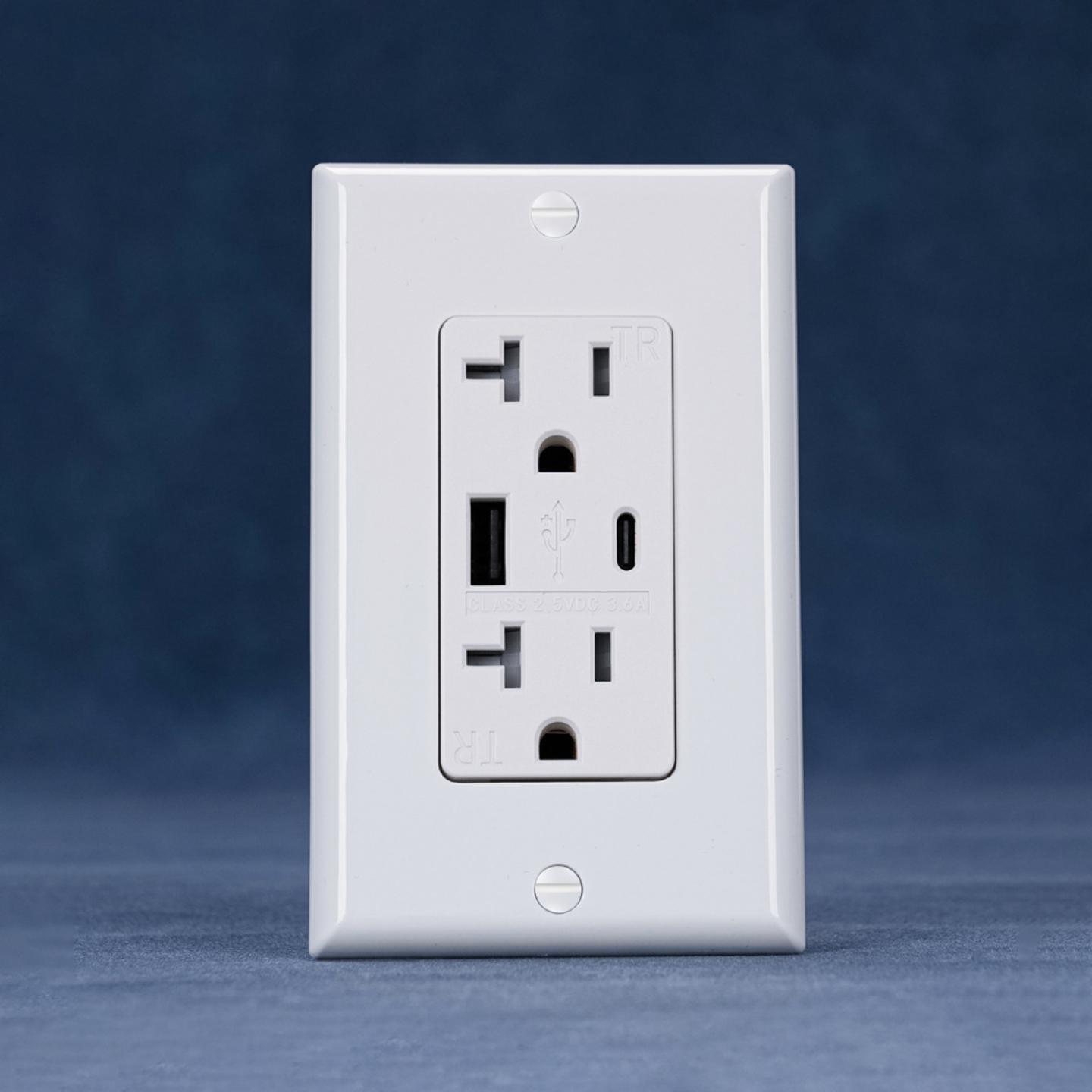 北美Ul认证20A/125V美标美规6孔插座带USB端口Type-a Type-c 3.6A