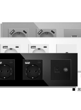 82型带欧盟双壁插座电视互联网RJ45电脑连接Type-cUSB插座玻璃框