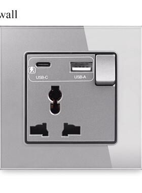 钢化玻璃灰色  多功能 墙壁电源插座  USB&typec充电端口 3A 快充