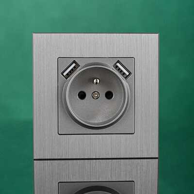 欧标86型墙壁插座ce铝拉丝面板 french socket USB端口双Type-A
