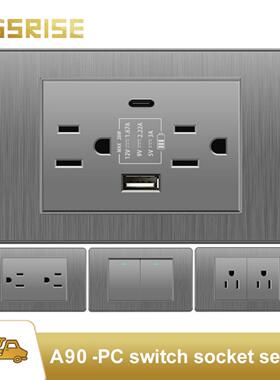台湾墙壁插座拉丝灰色PC美式15A开关插座110V暗装USB type-c