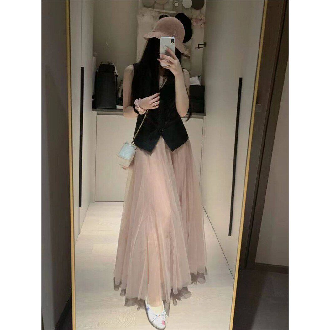 半糖温柔衣馆小个子2026新款春秋粉色纱裙高腰中长款网纱半身裙女