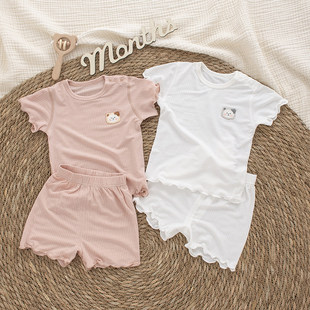短裤 全棉纯棉婴儿夏装 睡衣公主女宝宝短袖 夏季 两件套洋 分体套装