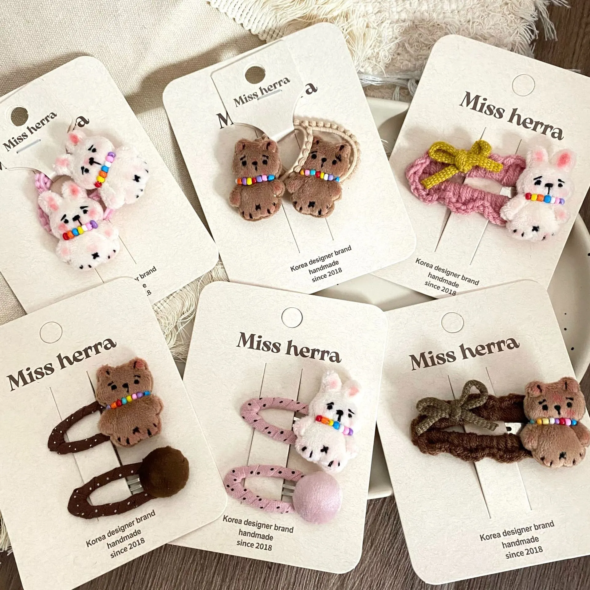 新款可爱毛绒兔兔小熊儿童发夹发圈发卡边夹皮筋