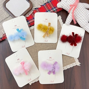 新款水貂毛软萌超仙可爱女童发夹新年发饰儿童红色侧边夹头饰品