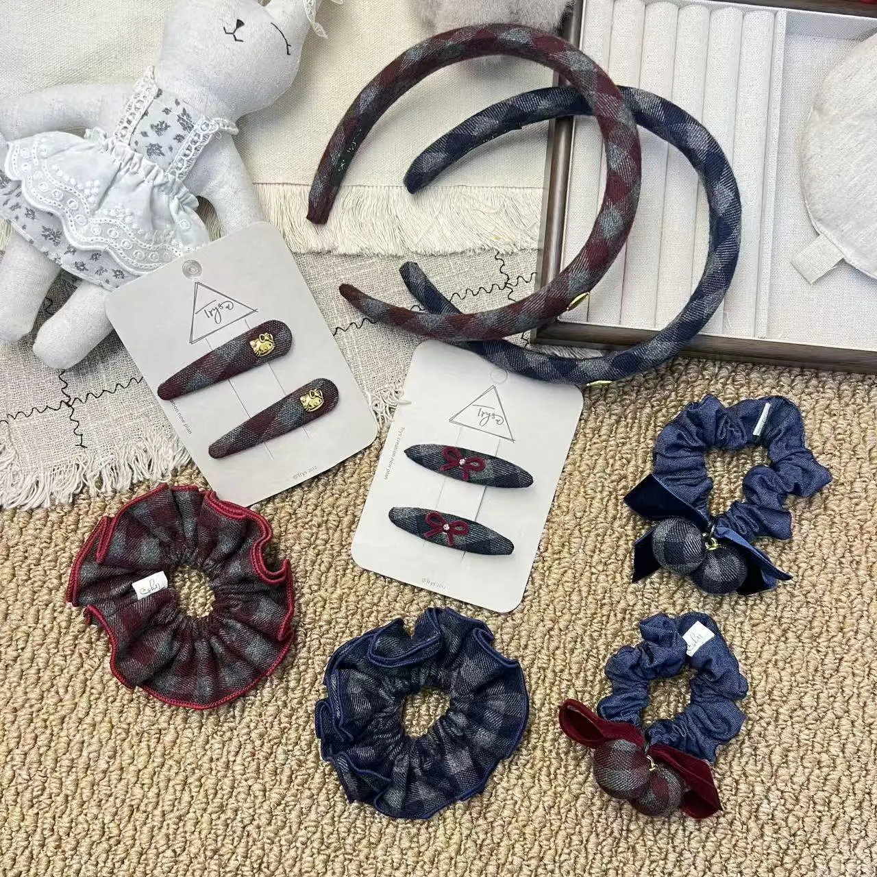 婷瑞新款格子韩系轻奢高级感球球儿童肠圈发箍边夹