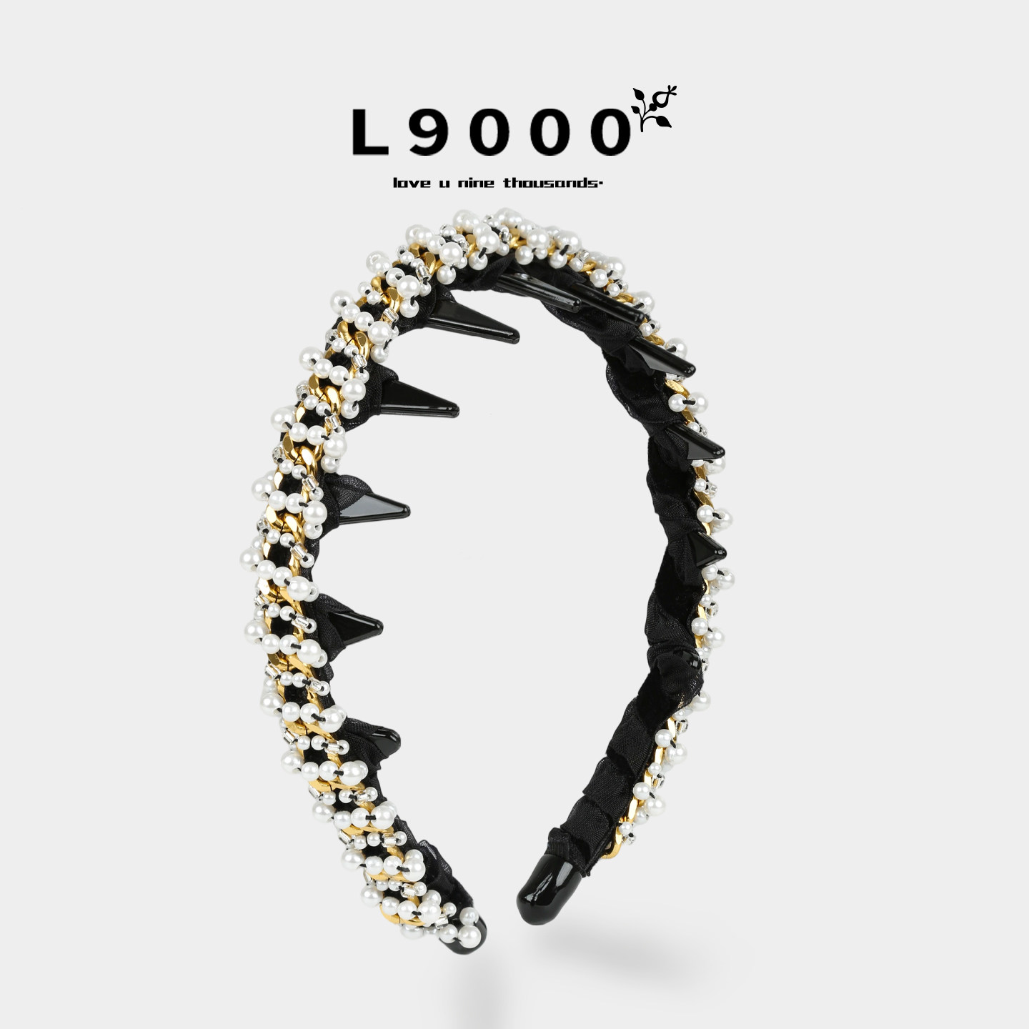 L9000/轻奢仿珍珠发箍女防滑链条丝绒带齿发带精致巴洛克头饰高档