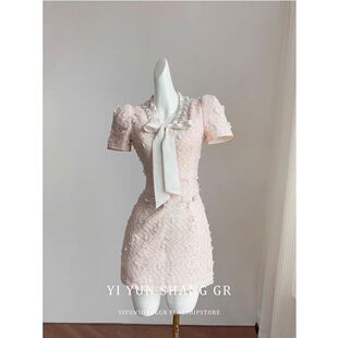 粉色复古小香风连衣裙女夏季短裙富家千金气质小个子高端礼服裙子