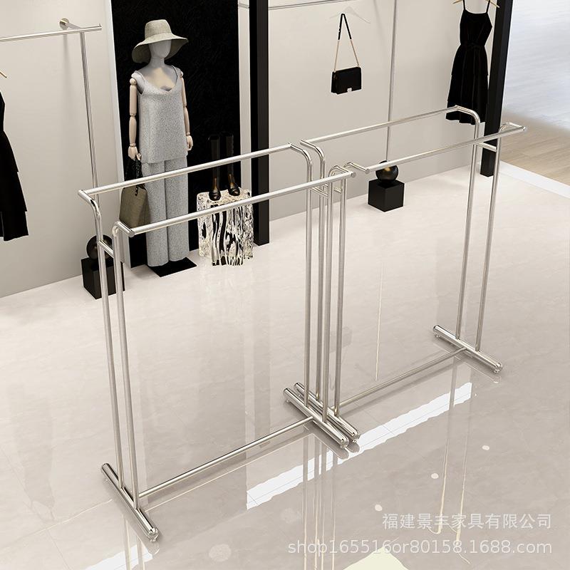 服装店双排双杠中岛落地式展示货架不锈钢拉丝男女装侧挂衣架童装