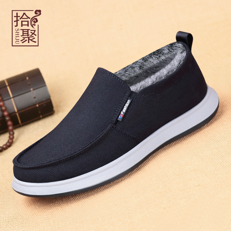 老北京布鞋男款冬季加绒棉鞋一脚蹬中老年爸爸休闲保暖男鞋帆布鞋