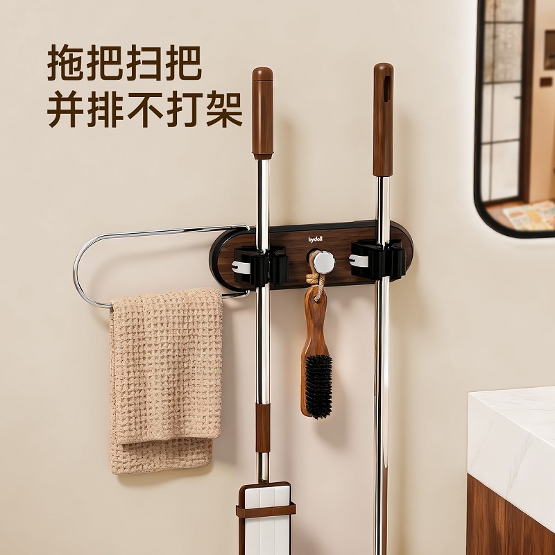 木纹吸盘拖把夹厕所拖把壁挂夹各种神器家用款置物架浴室收纳架子