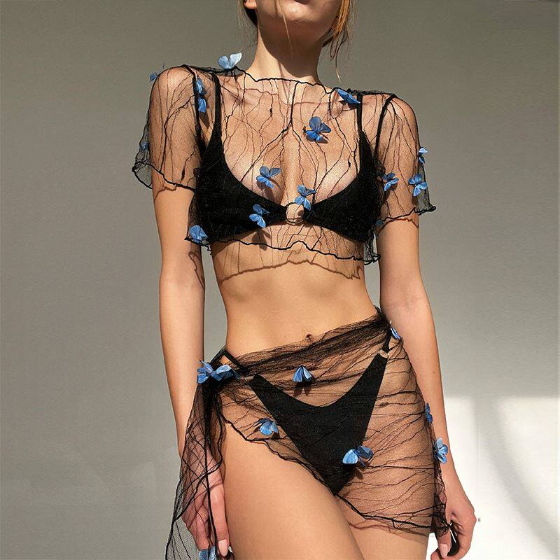 过渡性感ZONE欧美辣妹蝴蝶装饰沙滩度假透视防晒短袖系带裙套装潮