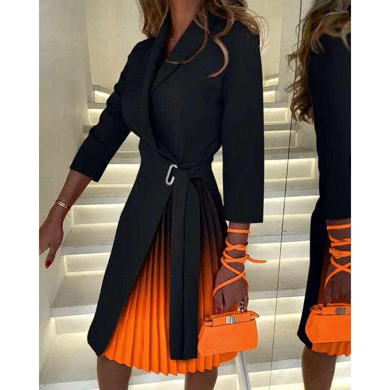 V-neck lace up dress 欧美女装V领时尚绑带收腰中袖压褶连衣裙
