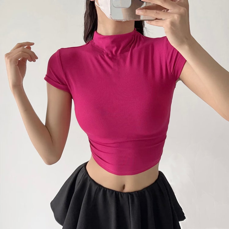 欧美修身显瘦短款半高领短袖T恤女夏季纯色后背镂空抽绳系带上衣