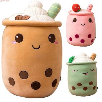 Cute Boba Milk Tea Plushie Toy Soft Stuffed Apple Pink Straw