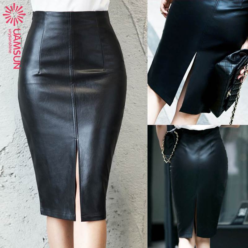 5XL size PU leather skirt PU women dress前开叉半身裙大码皮裙