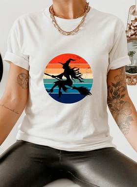Funny Halloween Women t shirts彩色复古万圣节魔术扫把T恤纯棉