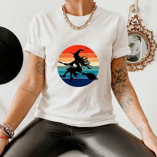 Funny Halloween Women t shirts彩色复古万圣节魔术扫把T恤纯棉