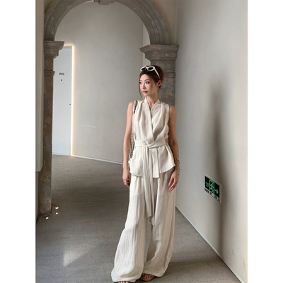 夏上新!【欧正莎大码】V领打结上衣小衫+直筒休闲裤套装DM5389#8