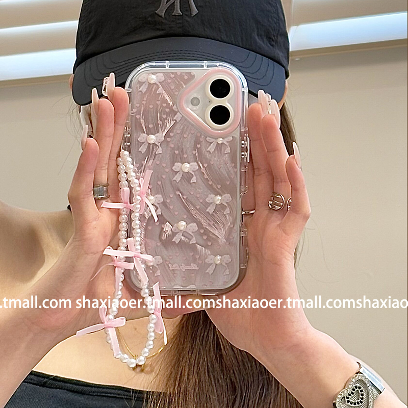 春天粉色羽纱珍珠小蝴蝶结带链条