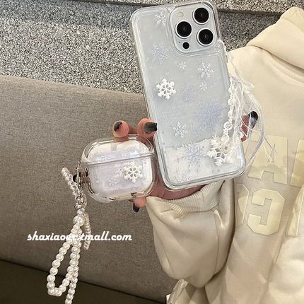 秋冬蓝色立体雪花流沙蓝牙耳机套适用苹果15手机壳iphone14promax女款15pro新款13防摔12软边硬壳11可爱卡通