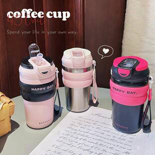 蓝山咖啡杯女生网红不锈钢保温杯双饮带吸管男女孩时尚儿童水杯子