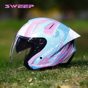 SWEEP摩托车骑行头盔S6碳纤维半盔女双镜片男盔四季3C认证安全帽