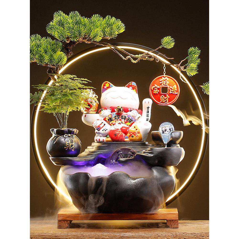 中式招财猫风水倒流水摆件循环水客厅办公室玄关乔迁新居开业送礼