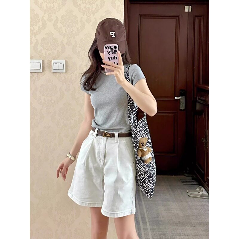 白色牛仔短裤女士2025夏季新款高腰显瘦直筒中裤小个子阔腿五分裤