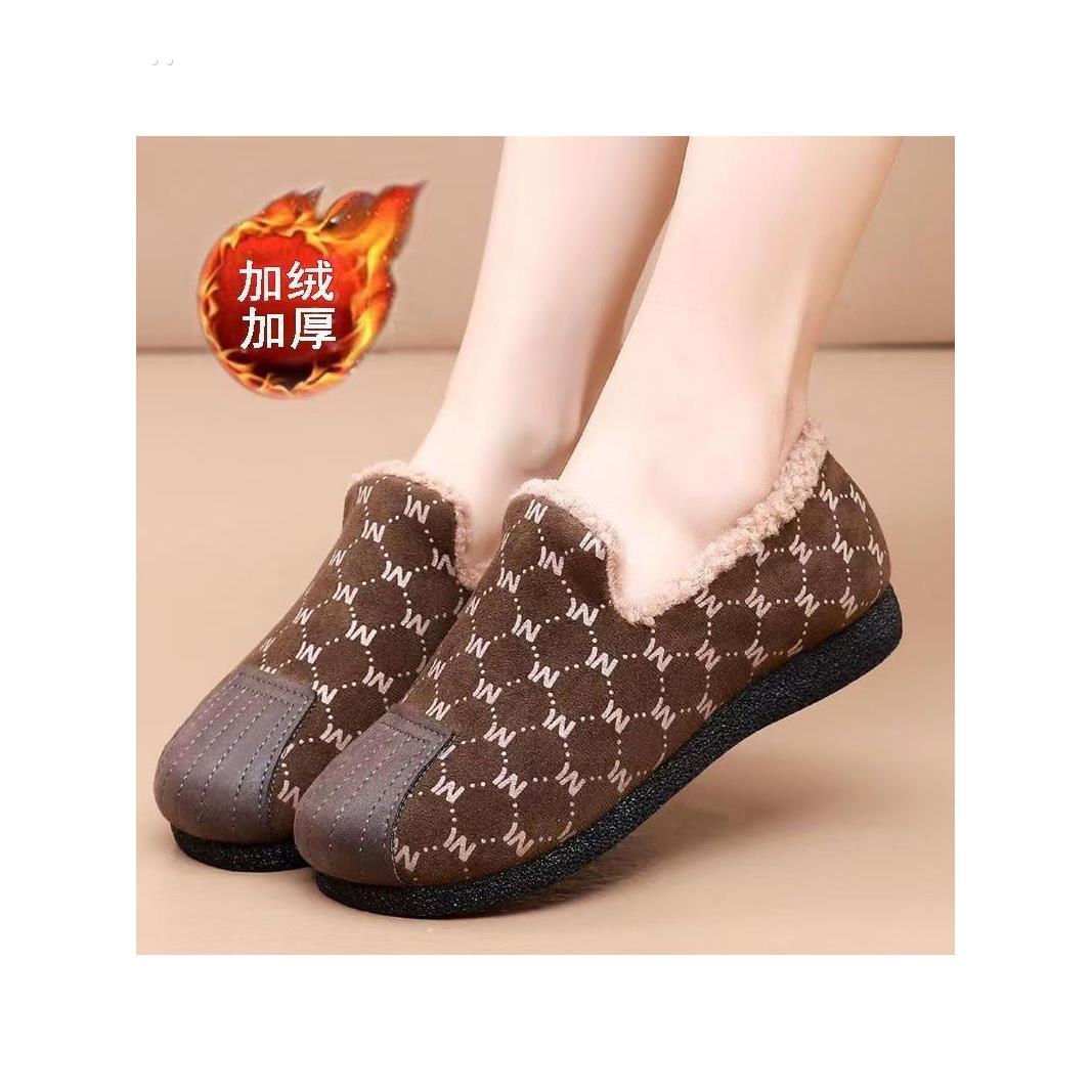 加绒保暖布鞋女春秋中老年妈妈鞋浅口平底休闲鞋防滑软度豆豆女鞋