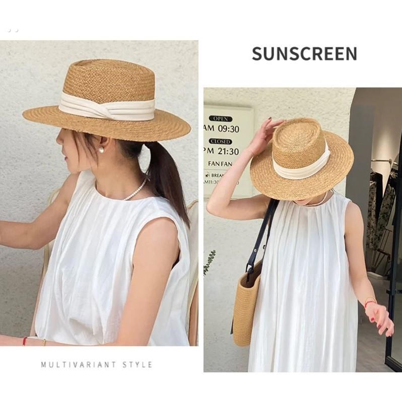 【夏威夷海滩】度假风拉菲草帽～平顶草编遮阳帽子沙滩防晒太阳帽