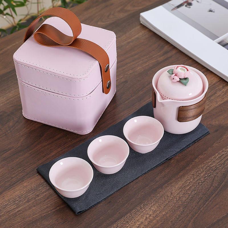 粉色户外可携式旅行功夫茶具套组露营快客杯一人茶具女一壶三杯