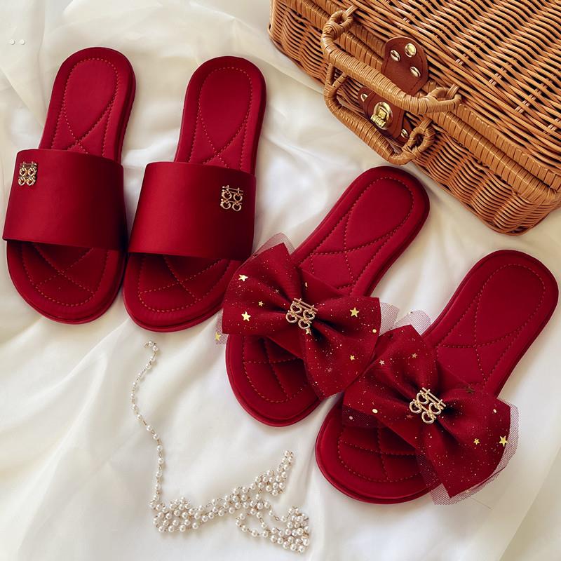 喜庆结婚夏季新郎新娘绸缎一对礼盒轻奢喜字情侣男女酒红晨袍拖鞋