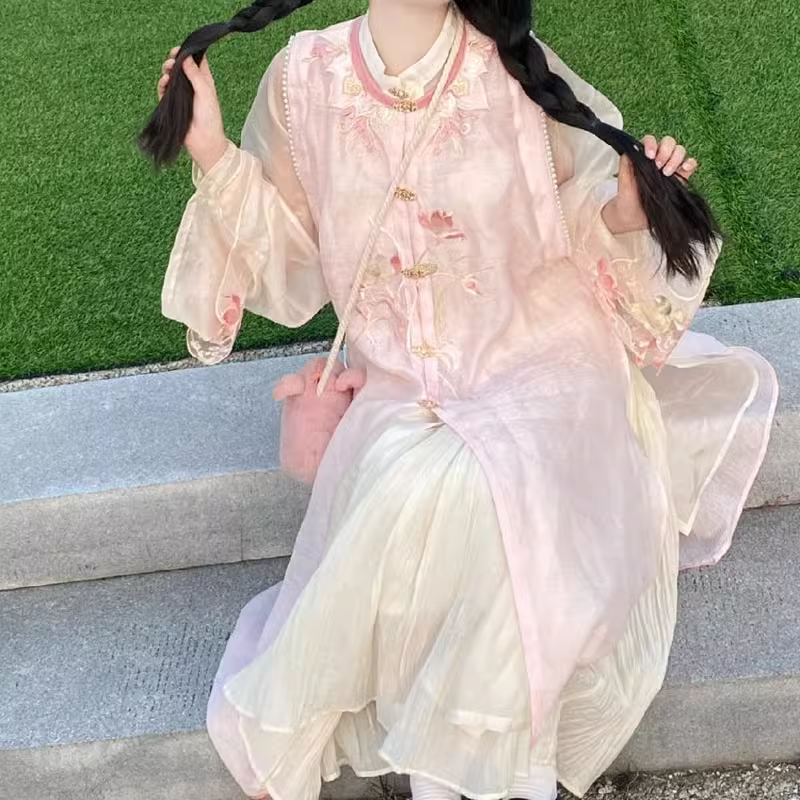 汉元素汉服唐装通勤三件套日常可穿甜美古风马甲连衣裙夏季茶人服