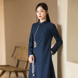 旗袍连衣裙汉服中国风禅意茶服复古加厚女装 新款 2021年冬季 改良版