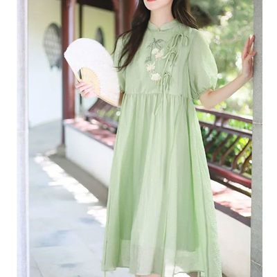 夏季意茶人服短袖立领小个子长裙