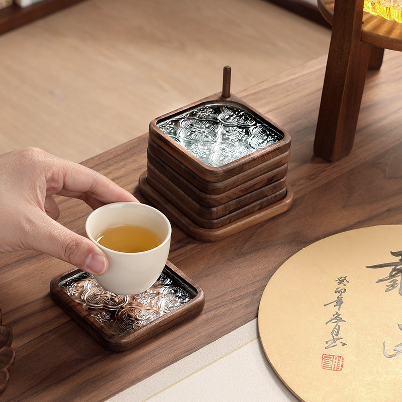 中式高端海棠花玻璃杯垫功夫茶具配件实木隔热垫防烫杯托小茶盘