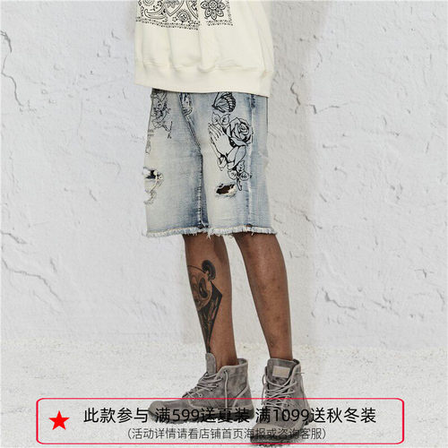 纽约潮牌Profound Foundation支线 手绘涂鸦洗水做旧破洞牛仔短裤