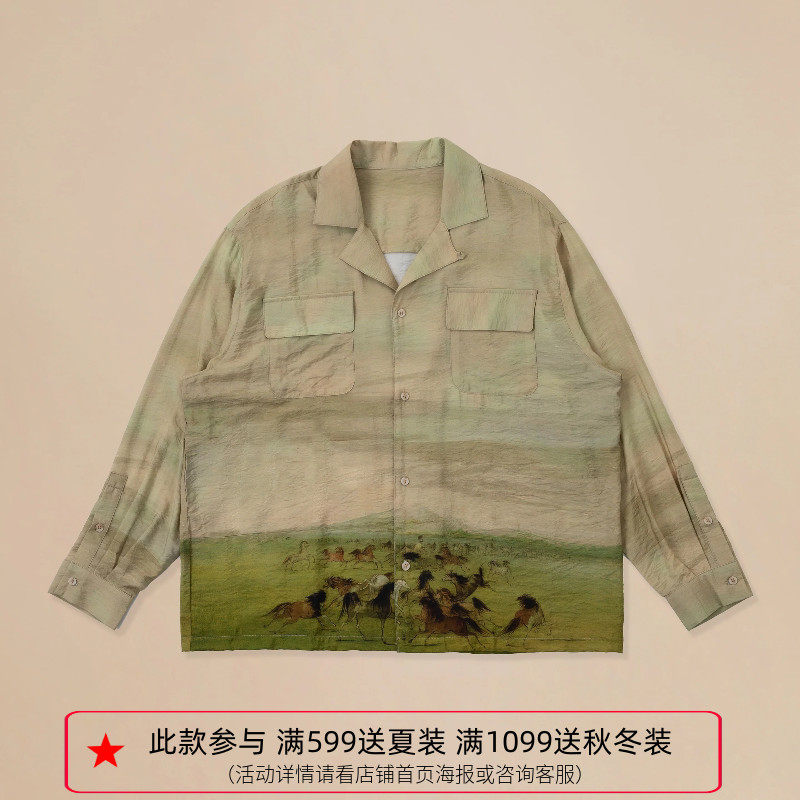 【四折】纽约设计师品牌Profound 复古民族风草原牧马风景衬衫