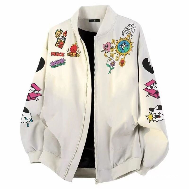 新品美式高街机车印花潮牌飞行员休闲夹克外套情侣宽松棒球服男女