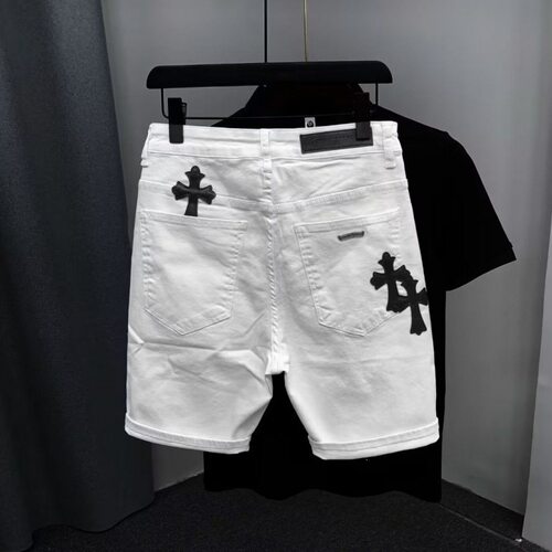 新品跨境潮男个性十字架拼皮牛仔短裤男士夏季新款直筒修身显瘦五