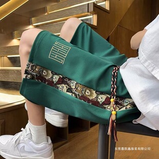 新品中国风刺绣短裤男士夏潮流休闲宽松青少年五分中裤男高腰现货