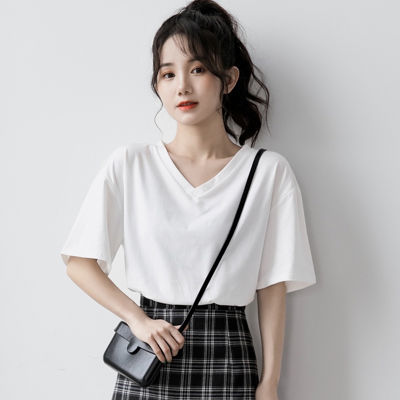 2025新款白色V领T恤女夏宽松韩版纯白短袖学生纯色短款纯棉上衣