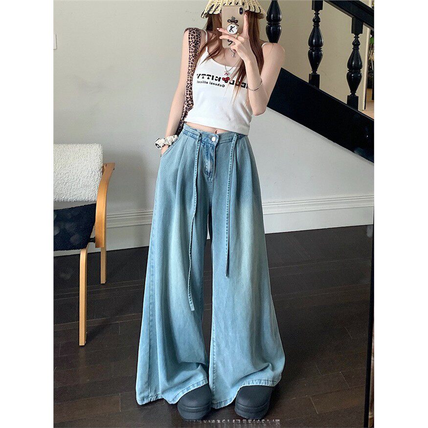 大码垂感天丝牛仔裤女夏季薄款胖mm宽松显瘦冰丝高腰直筒阔腿裤子