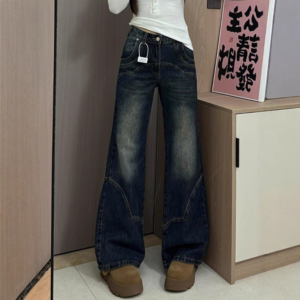 大码设计感小众加绒加厚微喇牛仔裤女新款直筒宽松阔腿长裤子