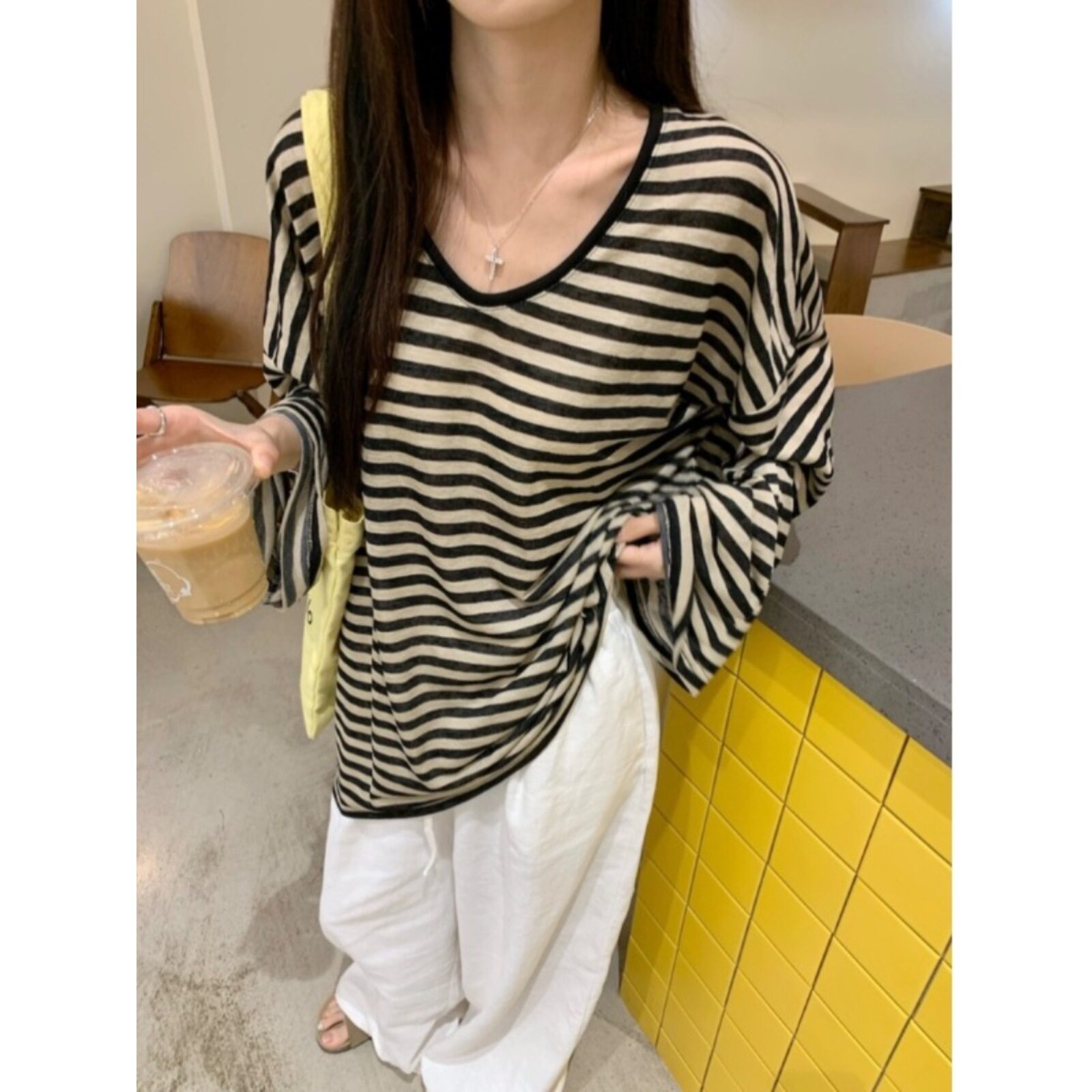 慵懒风复古拼色条纹长袖T恤女2026夏季薄款宽松显瘦防晒罩衫上衣