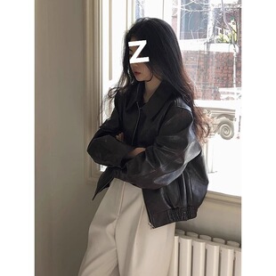 棕色显瘦翻领PU皮衣外套 韩国东大门气质复古纯色短款 2026秋季 新款