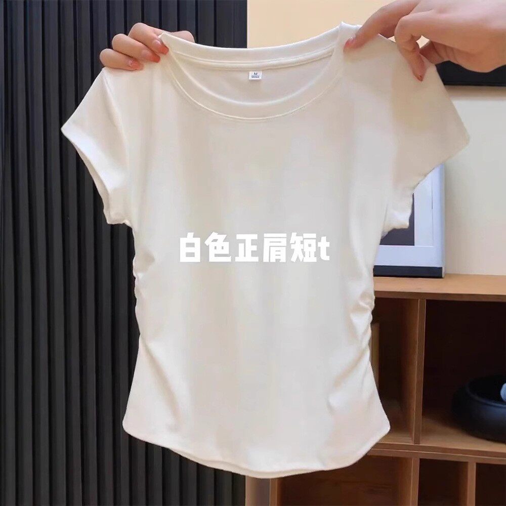 纯棉V领正肩短袖T恤女夏季新款多巴胺小个子减龄盐甜奶系百搭上衣