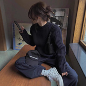 慵懒复古黑色针织衫 女小众打底毛衣内搭韩系休闲百搭气质上衣